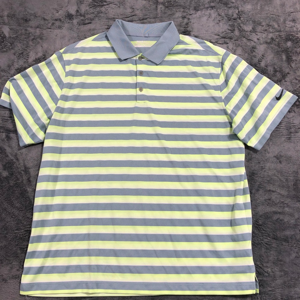 Nike Golf Polo Shirt Mens XL Grey Lime Green Striped Dri-FIT